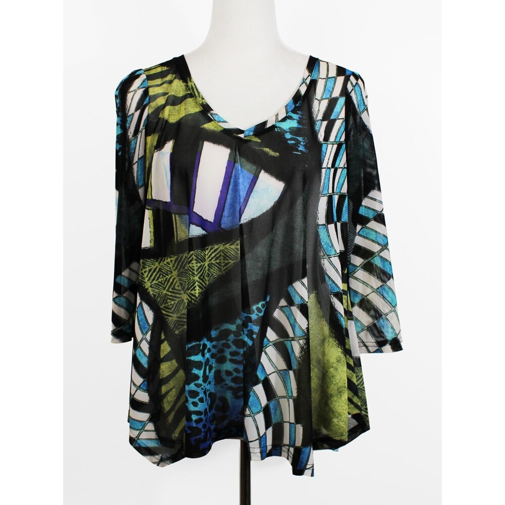 Joseph Ribkoff Size 8 Mesh Abstract Artsy Asymmetrical Open Back Colorful Tunic